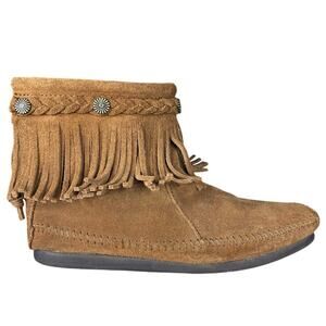 Minnetonka Women’s Double Fringe Brown Suede Moccasin Ankle Boots Size US 8